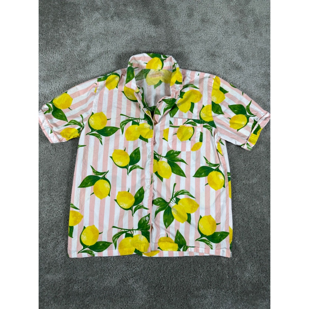 Vow'd Lemon Print Striped Cotton Button Up Shirt Pink White Womens Medium